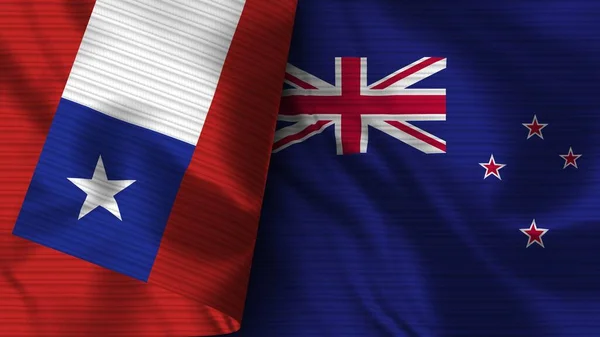 New Zealand and Chile Realistic Flag  Fabric Texture 3D Illustration — Stock Photo, Image