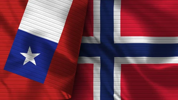 Norvégia és Chile Realisztikus zászló szövet textúra 3D illusztráció — Stock Fotó