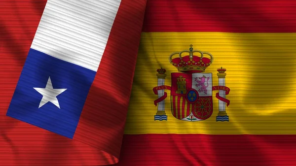 Spanyolország és Chile Realistic Flag Fabric Texture 3D illusztráció — Stock Fotó