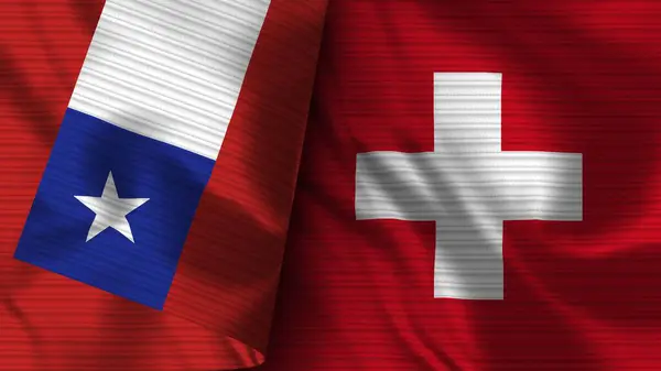 Swiss and Chile Realist Flag Fabric Texture 3D Illustration — стокове фото