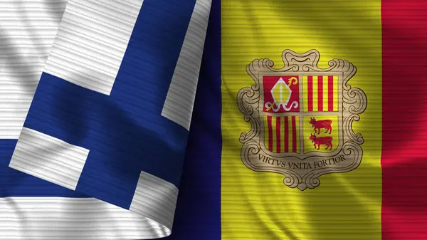 Andorra Finnország Realisztikus Zászló Szövet Textúra Illusztráció — Stock Fotó