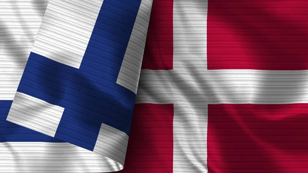 デンマークとフィンランド Realistic Flag Fabric Texture 3Dイラスト — ストック写真