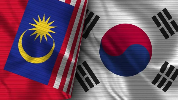 Jižní Korea Malajsie Realistické Vlajky Textilní Textura Ilustrace — Stock fotografie