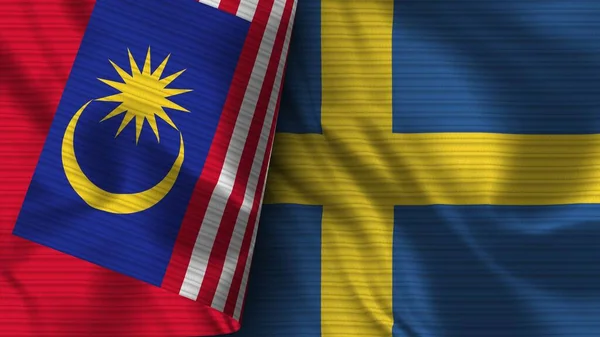Švédsko Malajsie Realistické Vlajky Textilní Textura Ilustrace — Stock fotografie
