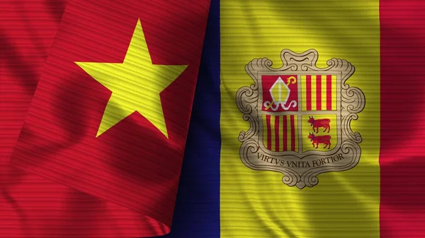 Andorra Vietnam Realistische Vlag Stof Textuur Illustratie — Stockfoto