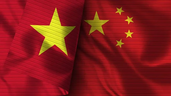 China Und Vietnam Realistische Flaggengewebe Textur Illustration — Stockfoto