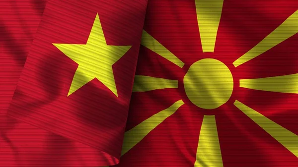 Macedónia Vietnam Realisztikus Zászló Szövet Textúra Illusztráció — Stock Fotó