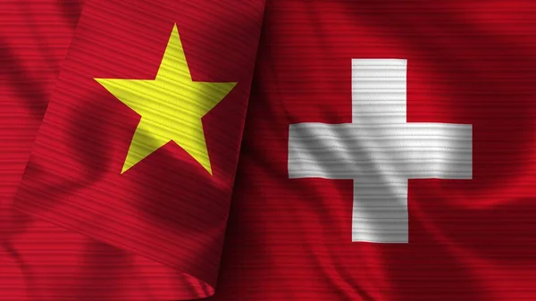 Švýcarsko Vietnam Realistické Vlajky Textilní Textura Ilustrace — Stock fotografie