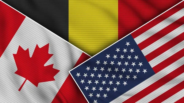 Belgien Vereinigte Staaten Von Amerika Kanada Fahnen Zusammen Stoff Textur — Stockfoto