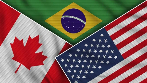 巴西美利坚合众国加拿大国旗一起 织物纹理效果说明 — 图库照片