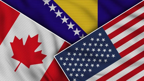 波斯尼亚和黑塞哥维那美利坚合众国加拿大国旗一起 织物纹理效果说明 — 图库照片