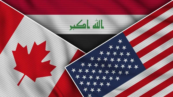 Iraq Stati Uniti America Canada Bandiere Insieme Tessuto Texture Effect — Foto Stock