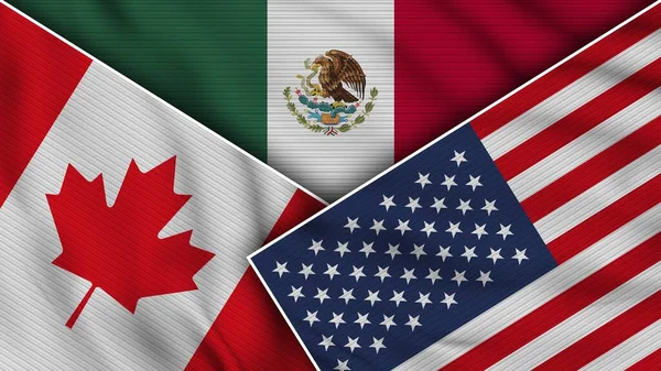 Mexico United States America Canada Flags Together Fabric Texture Effect — Stock Photo, Image