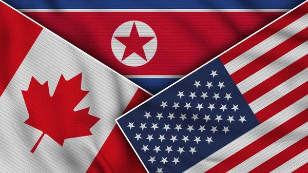 North Korea United States America Canada Flags Together Fabric Texture — 图库照片