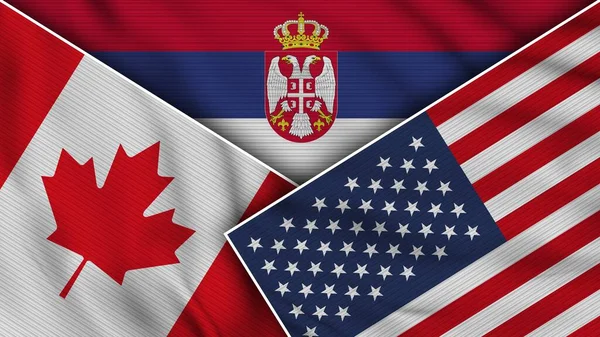 Serbia Stany Zjednoczone Ameryki Kanada Flagi Razem Fabric Texture Effect — Zdjęcie stockowe