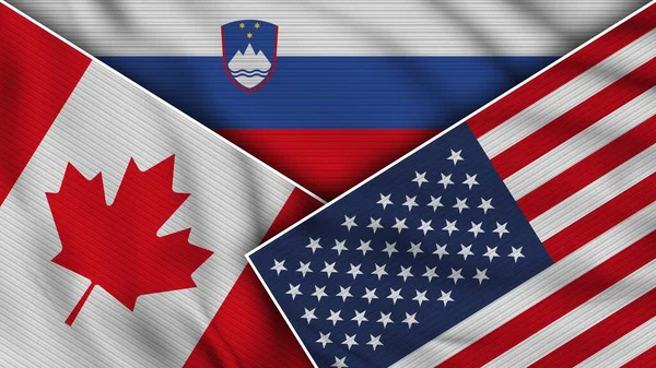 斯洛文尼亚美利坚合众国加拿大国旗一起 织物纹理效果说明 — 图库照片