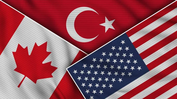 土耳其美利坚合众国加拿大国旗一起 织物纹理效果说明 — 图库照片