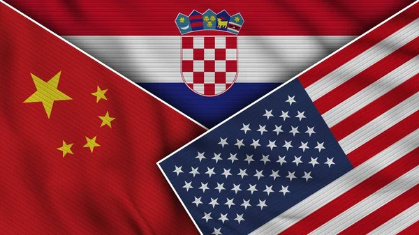 Croácia Estados Unidos América China Bandeiras Juntas Tela Textura Efeito — Fotografia de Stock