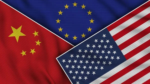 European Union United States of America China Flags Together Fabric Texture Effect Illustration