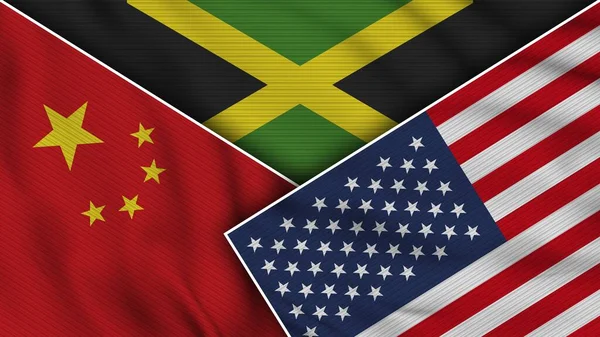 Jamaica Estados Unidos América China Bandeiras Juntas Efeito Textura Tecido — Fotografia de Stock