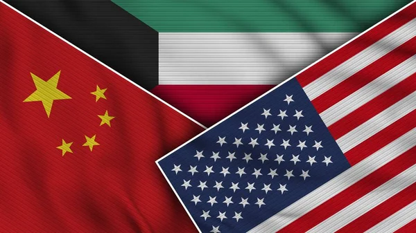 Kuwait United States of America China Flags Together Fabric Texture Effect Illustration