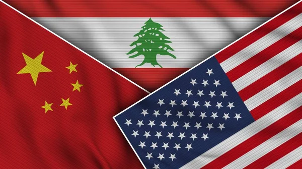 Libano Stati Uniti America Cina Bandiere Insieme Tessuto Texture Effetto — Foto Stock