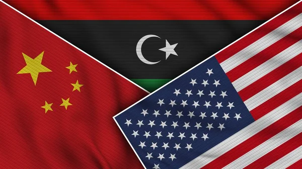 Libya United States of America China Flags Together Fabric Texture Effect Illustration