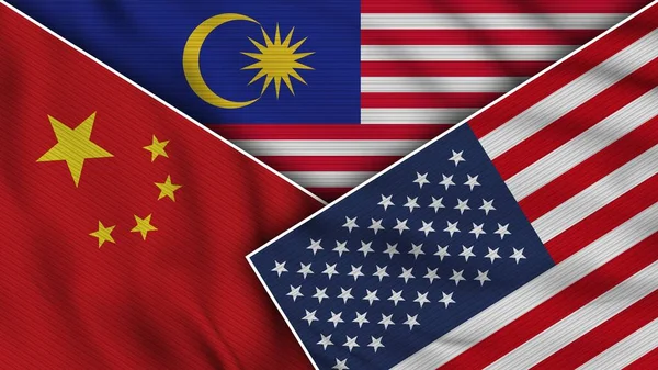 Malaysia United States America China Flags Together Fabric Texture Effect — Stock Photo, Image