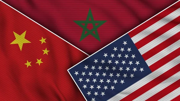 Morocco United States of America China Flags Together Fabric Texture Effect Illustration