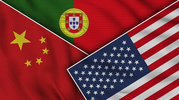 Portugal United States America China Flags Together Fabric Texture Effect — Stock Photo, Image