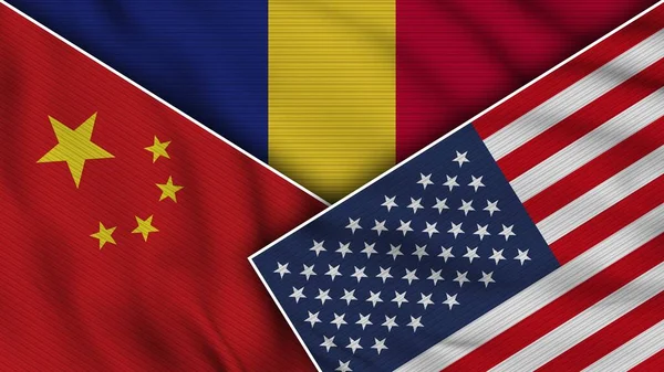 Romania United States of America China Flags Together Fabric Texture Effect Illustration