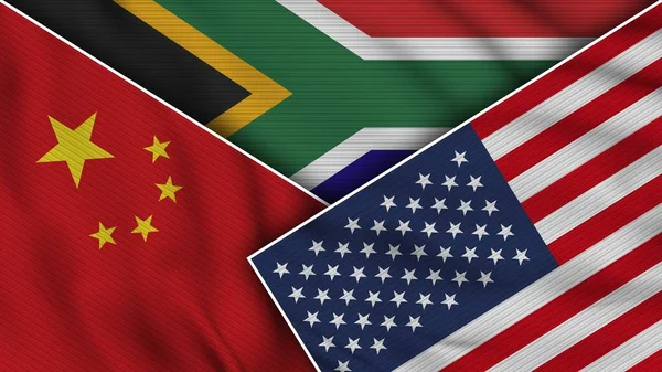 Sudafrica Stati Uniti America Cina Bandiere Insieme Tessuto Texture Effetto — Foto Stock