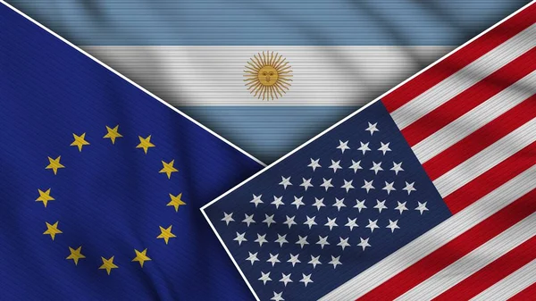 Αργεντινή Ηνωμένες Πολιτείες Της Αμερικής Ευρωπαϊκή Ένωση Σημαίες Μαζί Υφάσματος — Φωτογραφία Αρχείου