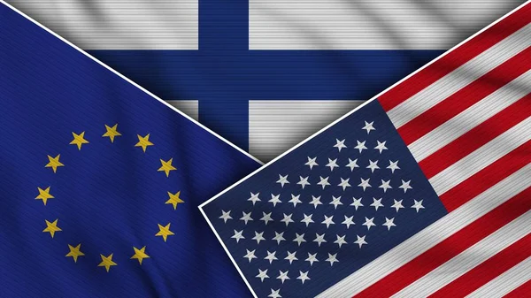 Finland Amerikas Förenta Stater Europeiska Unionen Flaggor Tillsammans Tyg Textur — Stockfoto