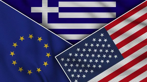 Ελλάδα Ηνωμένες Πολιτείες Αμερικής Ευρωπαϊκή Ένωση Σημαίες Μαζί Υφασμάτινη Υφή — Φωτογραφία Αρχείου