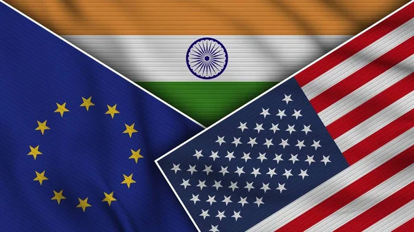 Indien Amerikas Förenta Stater Europeiska Unionen Flaggor Tillsammans Tyg Textur — Stockfoto