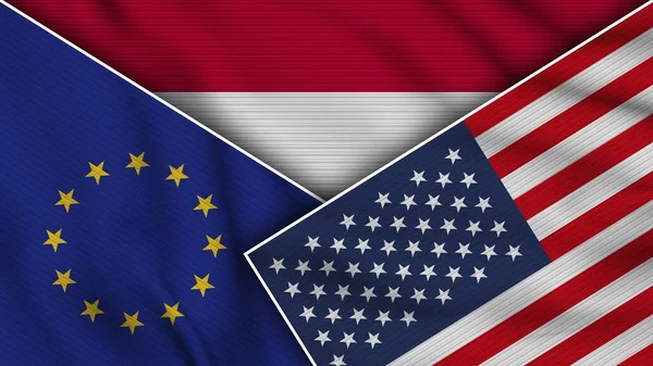 Індонезія United States America European Union Flags Together Fabric Texture — стокове фото