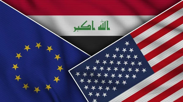Irak Stany Zjednoczone Ameryki Flagi Unii Europejskiej Razem Tkanina Tekstura — Zdjęcie stockowe