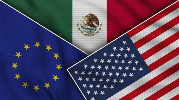 Mexico United States America European Union Flags Together Fabric Texture — Stock Photo, Image