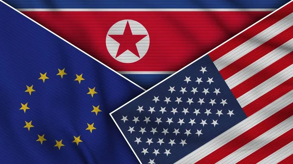 Coreia Norte Estados Unidos América União Europeia Bandeiras Juntas Efeito — Fotografia de Stock
