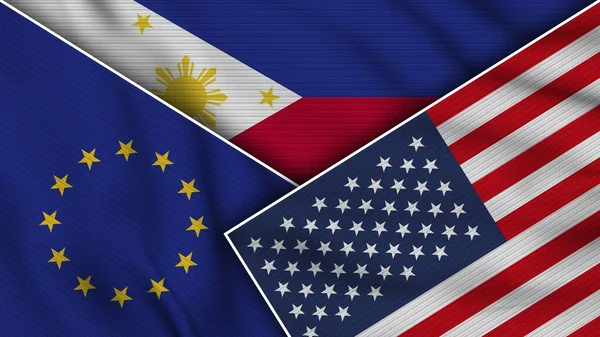 Filipíny Spojené Státy Americké European Union Flags Together Fabric Texture — Stock fotografie