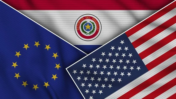 Paraguay United States America European Union Flags Together Fabric Texture — Stock Photo, Image