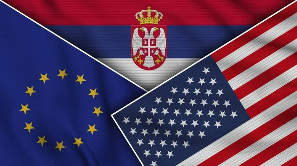 Sérvia Estados Unidos América União Europeia Bandeiras Juntas Efeito Textura — Fotografia de Stock