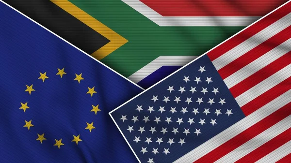 Sudáfrica Estados Unidos América Banderas Unión Europea Juntos Textura Tela — Foto de Stock