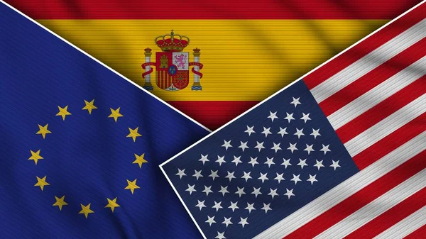 Spain United States America European Union Flags Together Fabric Texture — 스톡 사진