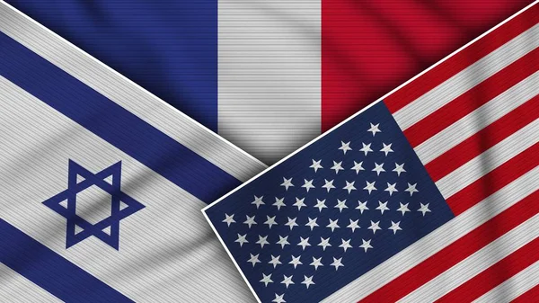 France United States America Israel Flags Together Fabric Texture Effect — Stock Photo, Image