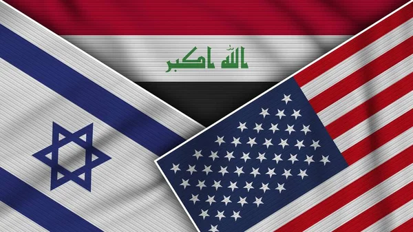 Iraq Stati Uniti America Israele Bandiere Insieme Tessuto Texture Effect — Foto Stock