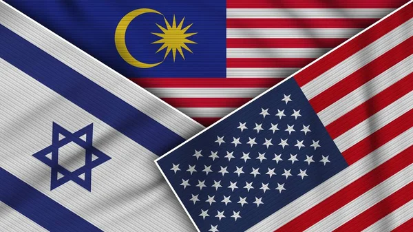 Malaysia United States America Israel Flags Together Fabric Texture Effect — Stock Photo, Image