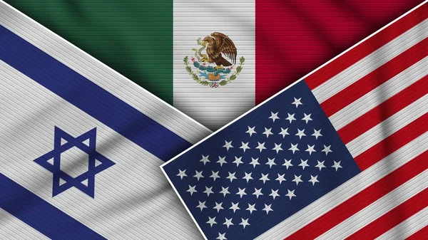 Mexiko Vereinigte Staaten Von Amerika Israel Fahnen Zusammen Stoff Textur — Stockfoto