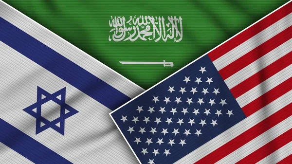 Arabia Saudita Stati Uniti America Israele Bandiere Insieme Tessuto Texture — Foto Stock